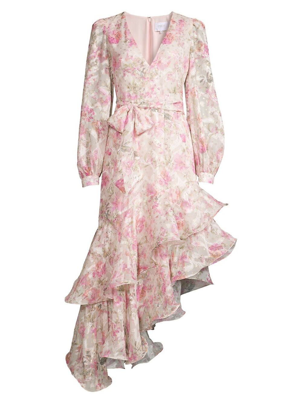 One33 Social Romantic Ivory Multi Floral Ruffle Asymmetric Midi Dress Size 8 NWT